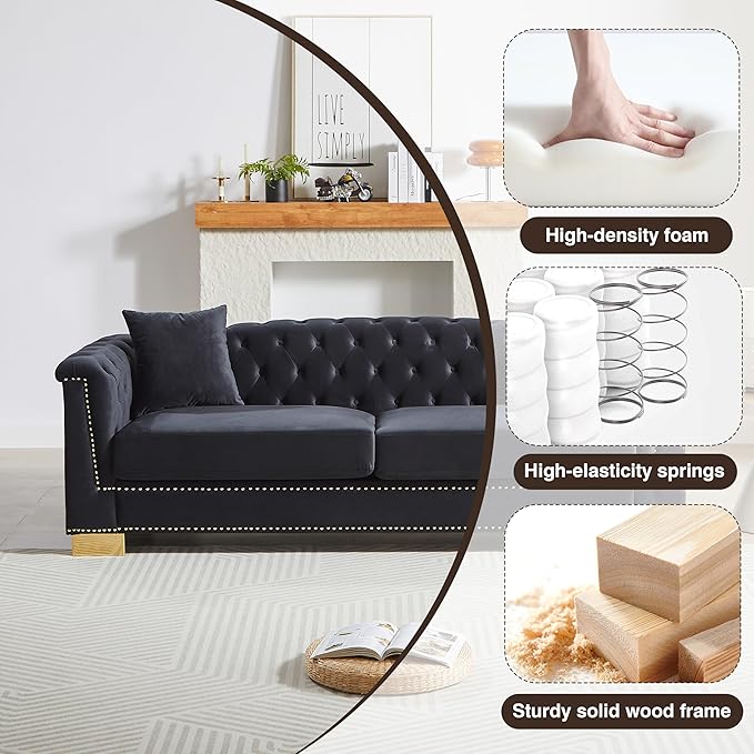 KEIKI 84" Chesterfield Sofa, Upholstered 3 Seat Couch with Rolled Arm for Living Room, Bedroom, Office, Black