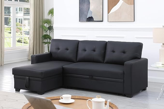 ERYE 82-inch Pull Out Sleeper Couch Bed, L-Shaped Reversible Sleeper Sectional Sofa Faux Leather Tufted Upholstered Corner Convertible Sofa Bed with Storage Chaise