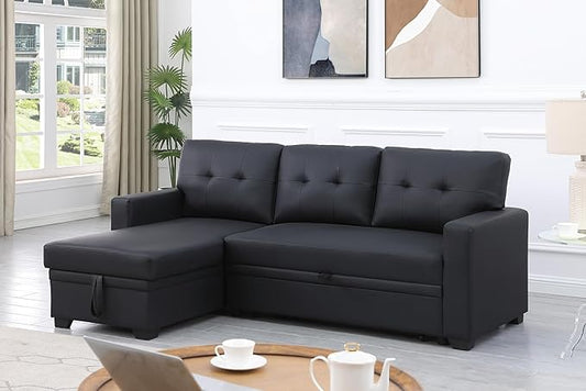ERYE 82-inch Pull Out Sleeper Couch Bed, L-Shaped Reversible Sleeper Sectional Sofa Faux Leather Tufted Upholstered Corner Convertible Sofa Bed with Storage Chaise