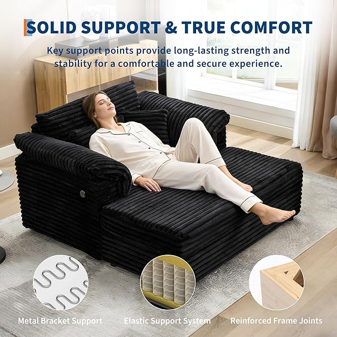 Oversized Chaise Lounge Chair 59 * 54 Inch Indoor Comfy Corduroy Cloud Sleeper Couch Upholstered Sofa Bed with USB Port Throw Pillows Supportive Armrests for Living Room