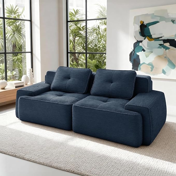 Casaphoria 80'' Corduroy Couch Sectional, 2 Seater Boneless Couches for Living Room, Green Modular Cloud Sofa with 2-Pillow, Extra Deep Seat Sofa with No Assembly