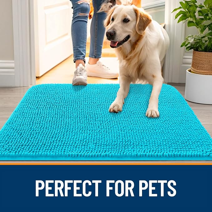 OLANLY Dog Door Mat for Muddy Paws 35x24, Absorbs Moisture and Dirt, Absorbent Non-Slip Washable Doormat, Quick Dry Chenille Mud Mat for Dogs, Entry Indoor Entryway Carpet for Inside Floor, Aqua Blue - Image 6