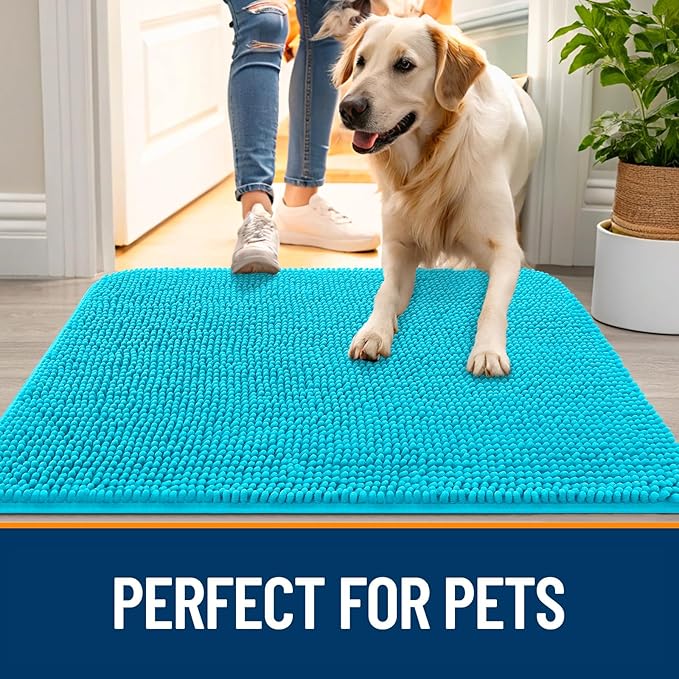 OLANLY Dog Door Mat for Muddy Paws 47x32, Absorbs Moisture and Dirt, Absorbent Non-Slip Washable Doormat, Quick Dry Chenille Mud Mat for Dogs, Entry Indoor Entryway Carpet for Inside Floor, Aqua Blue - Image 6