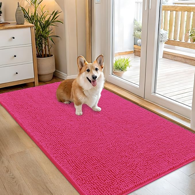 OLANLY Dog Door Mat for Muddy Paws 54x32, Absorbs Moisture and Dirt, Absorbent Non-Slip Washable Doormat, Quick Dry Chenille Mud Mat for Dogs, Entry Indoor Entryway Carpet for Inside Floor, Hot Pink by OLANLY