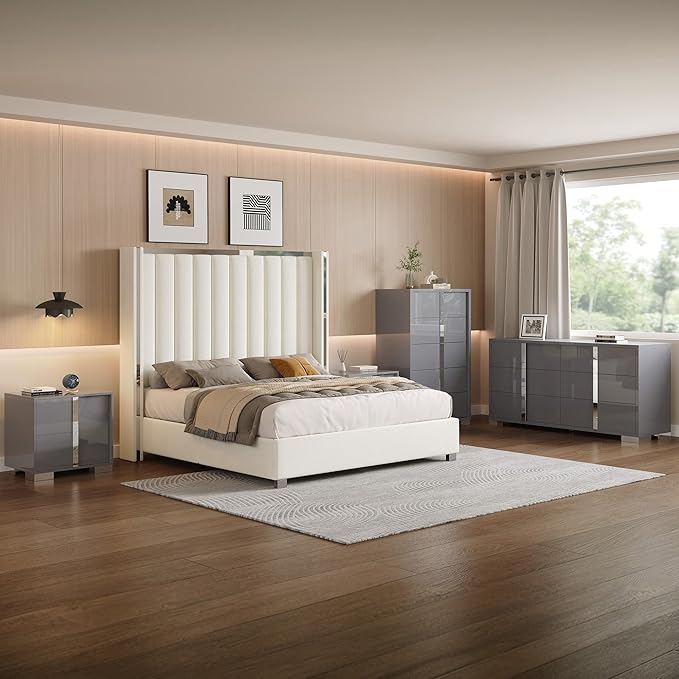 AMERLIFE 5-Piece Modern Bedroom Sets with Queen Size Upholstered Platform Bed Frame, 58" Wingback Headboard, Spacious 6-Drawer Dresser, Tall Chest, and 2 Coordinated Nightstands, Cream and Grey