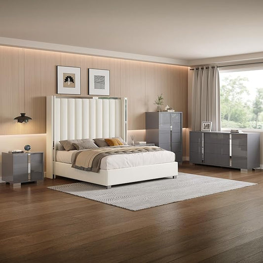 AMERLIFE 5-Piece Modern Bedroom Sets with Queen Size Upholstered Platform Bed Frame, 58" Wingback Headboard, Spacious 6-Drawer Dresser, Tall Chest, and 2 Coordinated Nightstands, Cream and Grey