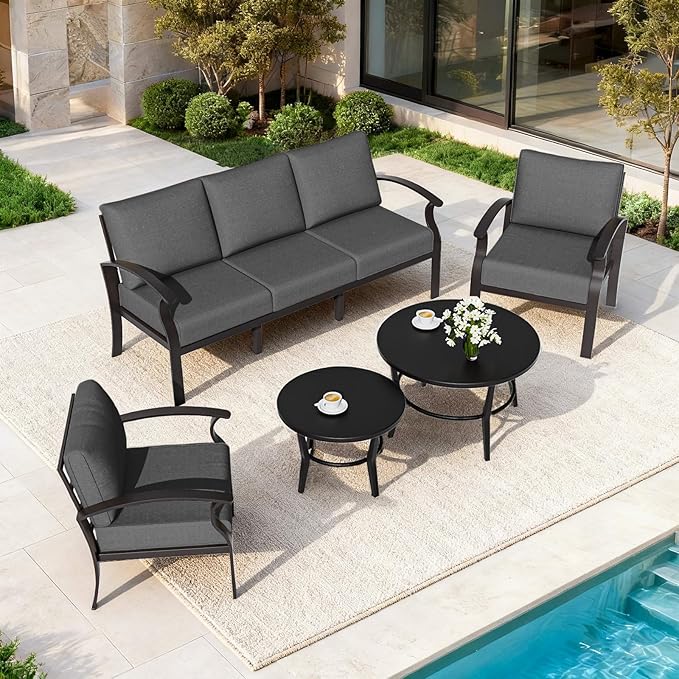 ALAULM Aluminum Patio Furniture Set with Round Coffee Tables, 5-seat Outdoor Sectional Furniture w/5.1" Cushions, Patio Conversation Set for Porch, Backyard, Poolside-Black