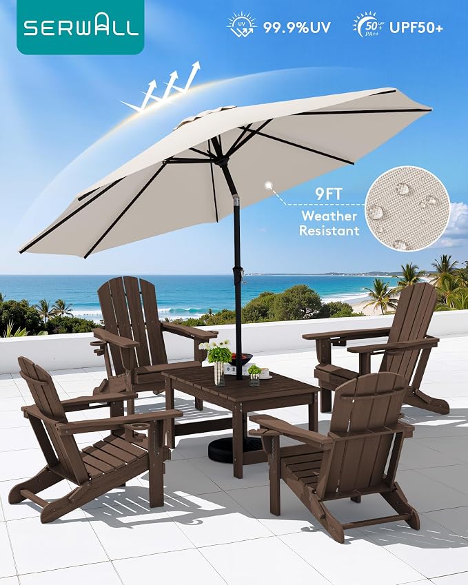 SERWALL Outdoor Coffee Table with 9FT Umbrella, HDPE Patio Coffee Table for Outside, Rectangle, Coffee(Not Include Umbrella Base) - Image 6
