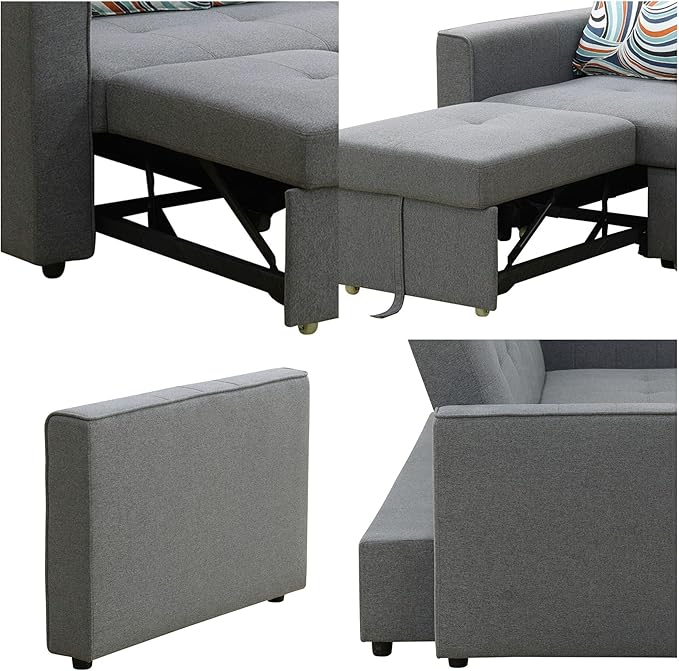 Convertible Sofa Bed Couch, 4 Seat Iron Frame Sectional Couches for Living Room with Storage for Apartment, Sleeper Sofa Couch with Pullout Bed, Light Grey