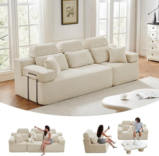 101" 3 Seater Sofa Cloud Modular Sectional Sofa with Chaise & Headrest, Boneless Deep Seat Plush Corduroy Couches for Living Room, No Assembly Required (White, 101" 3 Seater)