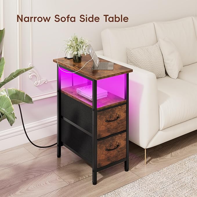 Vagusicc Set of 2 Nightstand with Charging Station and LED Lights, Narrow Side Table, LED Night Stand with 2 Fabric Drawers, Bedside Table Small End Table, Tall Nightstand for Bedroom, Rustic Brown - Image 7