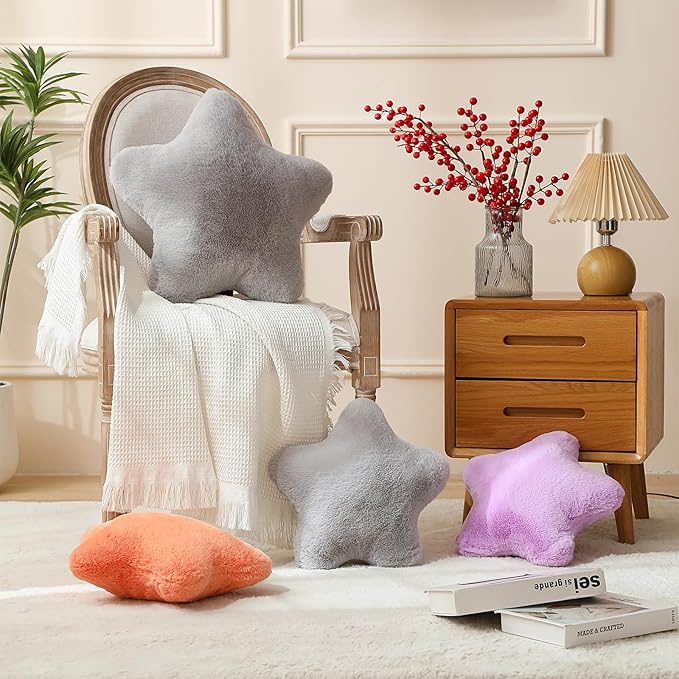 YRXRUS Star Pillows, Light Gray Star Shaped Pillow, Decorative Throw Pillow Gifts, Cute Plush Room Decor, Fluffy Faux Rabbit Fur 14"x14"Pillows for Living Bedroom
