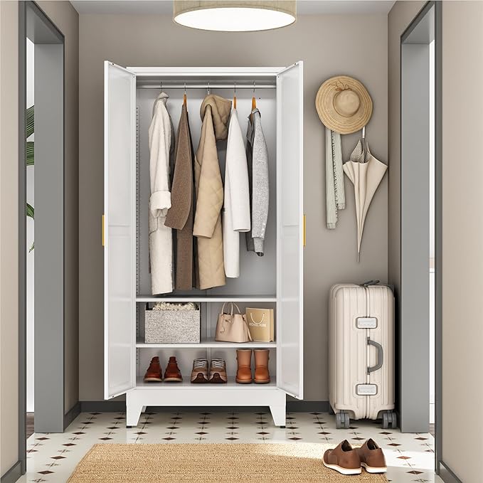 Metal Wardrobe Closet with Doors and Shelves, 71" Farmhouse Bedroom Armoire with Hanger Rod and Clothing Shelf, White Steel Wardrobe Cabinet Storage Clothes Closet