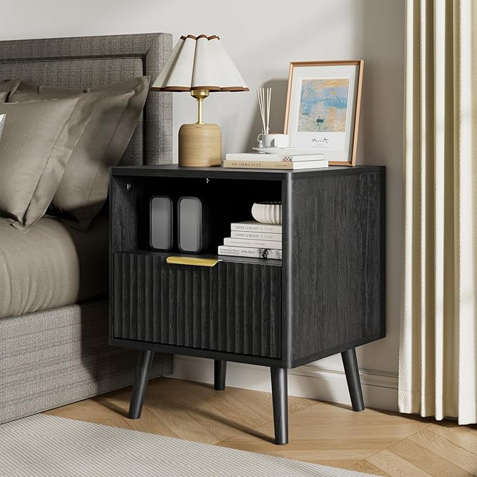 LYNSOM Fluted Dresser and Nightstand Sets 3 Piece, 7-Drawers Dresser and 1-Drawer Nightstands Set of 2, Wood Bedroom Furniture Set for Home, Bedroom, Hallway, Black