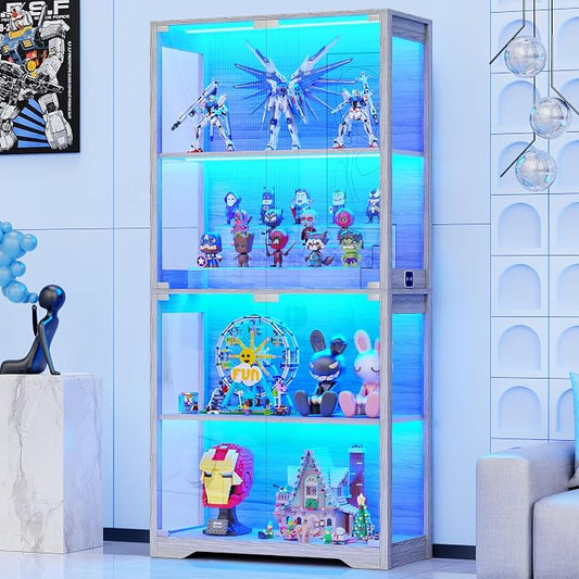 BROTTAR Display Cabinet with Glass Doors, 4-Tier Curio Cabinet with 3 Color Lights for Collectibles, Glass Display Case with Human Body Sensor, Bookcase with 4 Shelves, Storage Cabinets, Gray by BROTTAR