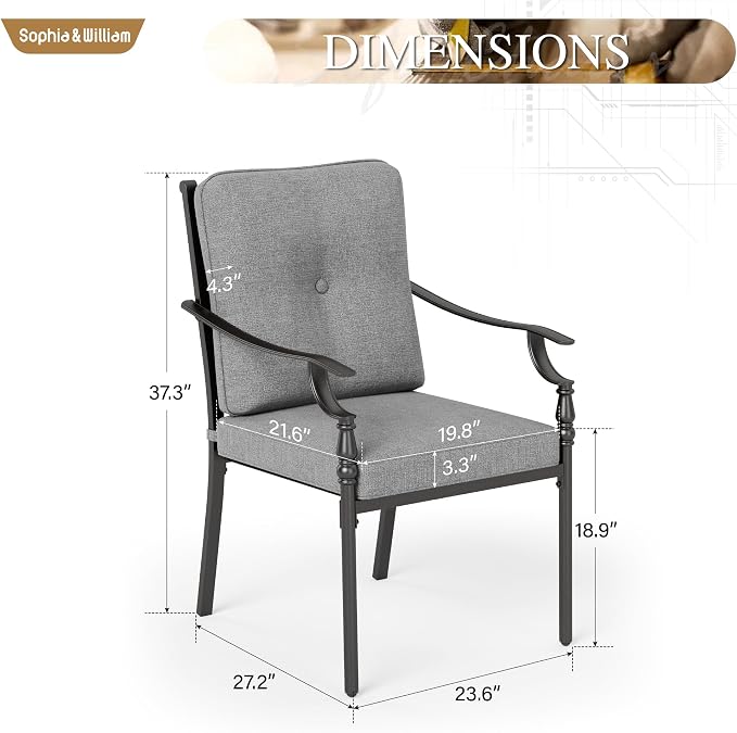 Sophia & William Outdoor Patio Dining Chairs Set of 2, Heavy Duty Outdoor Furniture Chairs with Thickened Cushions, Wrought Iron Deck Chairs for Backyard, Poolside, Balcony and Garden - Image 6