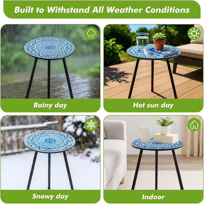 2 Packs Metal Mosaic Round Side Tables 13.4" Small Outdoor Patio Round Accent Coffee Tables Indoor Corner Stand for Small Spaces Weather-Resistant for Balcony, Porch Plant Stands Indoor, Blue Mosaic - Image 5