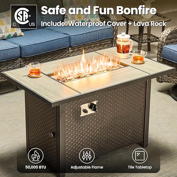 ovios 8-Piece Patio Furniture Set with Swivel Chairs Coffee Table, Outdoor Wicker Sofa with 42" Fire Pit Table, High Back Couch Modern Conversation Sets, Grey/Denim Blue