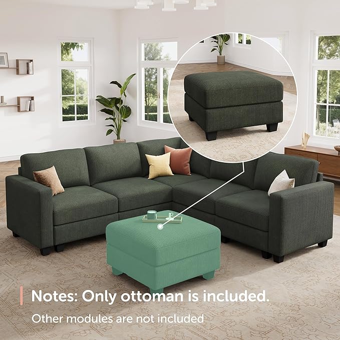 HONBAY Modern Corduroy Ottoman Module Sofa, 28.4 Inch Square Ottoman Bench with Storage, Green