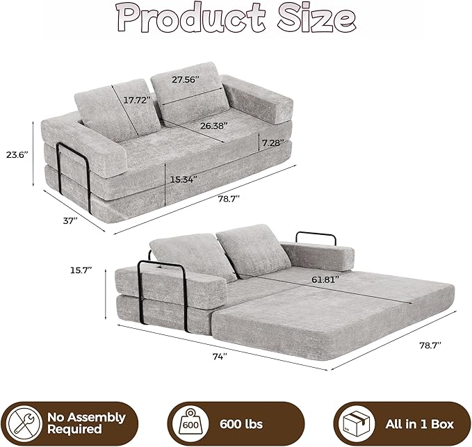 Convertible Sofa Bed, 4-in-1 DIY Combination Boneless Sleeper Sofa Bed with Pillows, Comfy Modular Couch with Fixed-Shape Frame, Chenille Convertible Lounge Couch for Living Room, Light Gray