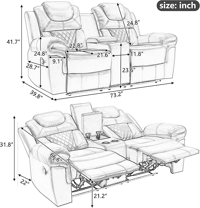 ERYE 73-Inch Oversized Manual Reclining Sofa with LED Strip and Cupholders for Living Room Home Theater, Multifunctional Faux Leather Loveseat Manual Recliner Couches | Storage Console