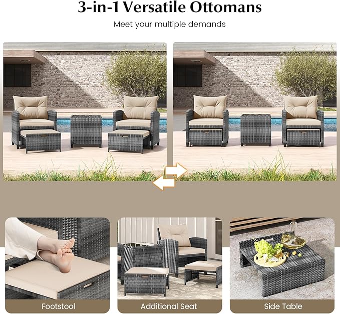 Tangkula 5 Pieces Patio Conversation Set, PE Wicker Rattan Outdoor Furniture Set with 2 Chairs, 2 Ottomans & Tempered Glass Coffee Table, Ideal for Poolside, Backyard, Lawn, Deck, Mix Grey & Beige