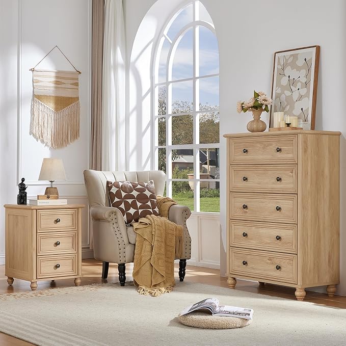 RWYHG 18" Farmhouse Night Stand Set of 2, Natural Wood Nightstand with 3 Drawers, Bedside End Table with Storage and Roman Column, Bed Side Tables Cabinet for Bedroom, Living Room, and Closet - Image 7