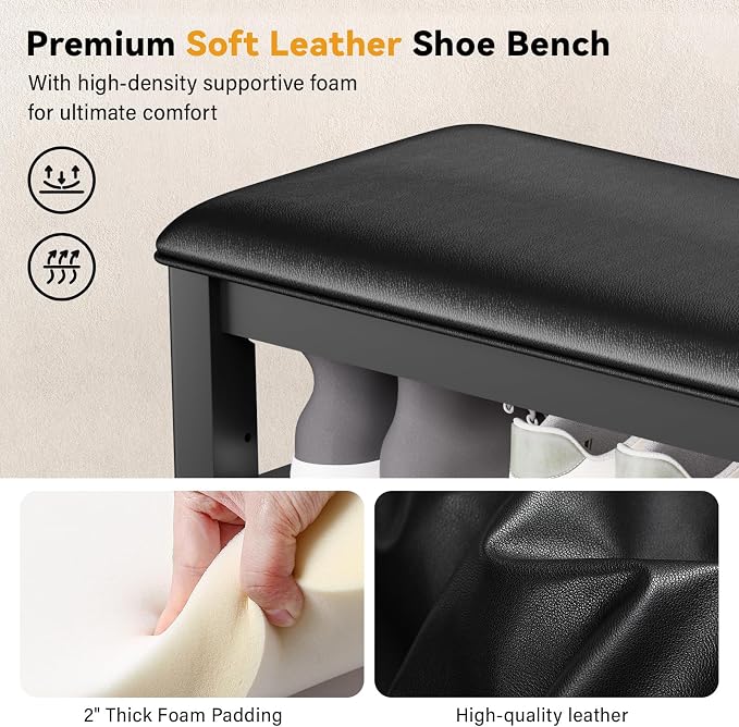 Entryway Shoe Storage Bench with Leather Cushion, Shoe Organizer Bench for Entryway, Ideal for Hallways Front Doors Entrances Mudrooms Featuring Rubberwood And 3 Height-Adjustable & Removable Shelve - Image 5