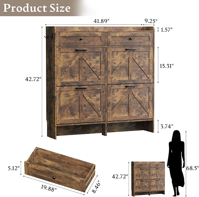 BORNOON Shoe Storage Cabinet for Entryway, Farmhouse Wide Shoe Cabinet with 4 Flip Drawers and 2 Top Drawers, Freestanding Organizer with Adjustable Shelves, Hooks, and Anti-Tip Kit for Hallway - Image 2