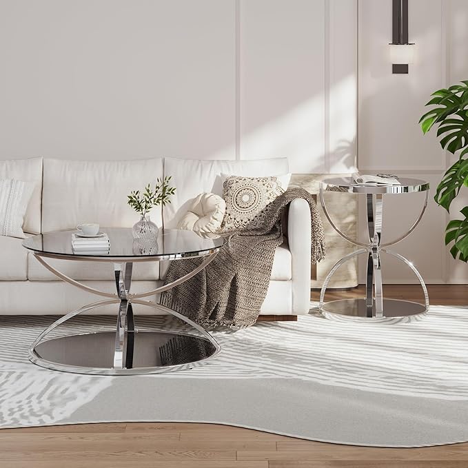 32" Tempered Glass Round Coffee Table with 20" Side Table Set, Modern Chrome Frame Dome Base Two Tiers Circle Living Room Center and Small End Tables, Set of 2