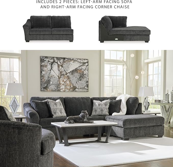 Signature Design by Ashley Biddeford Contemporary L-Shaped Right-Arm Facing 2-Piece Sectional with Chaise, Loose Seat Cushions and 4 Accent Pillows, Gray