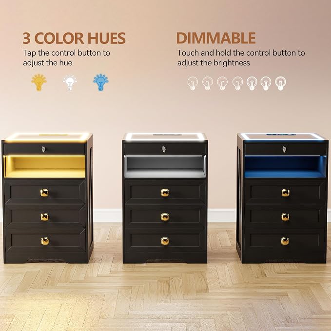 HNEBC Smart Night Stand with Gun Drawer,Glass Top Nightstand with Charging Sation,LED Bedside Table with 3 Color Lights,End Table with Glass Desktop,3 Drawers for Bedroom,Black - Image 5