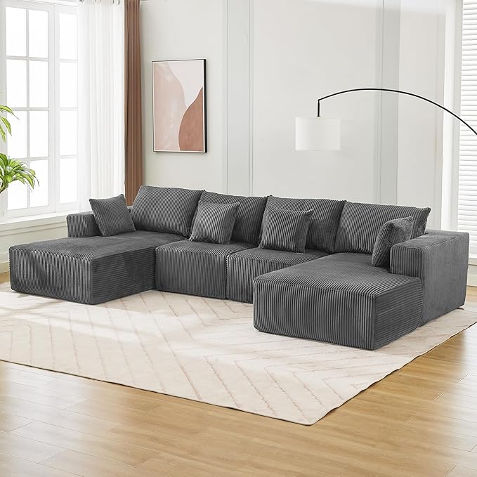 Cloud Boneless Couch 137" Modern Sectional U-Shaped Comfy No Assembly Required Convertible Compression Sleeper Modular Sofa with Corduroy Fabric Deep Seat Single + Chaise for Living Room