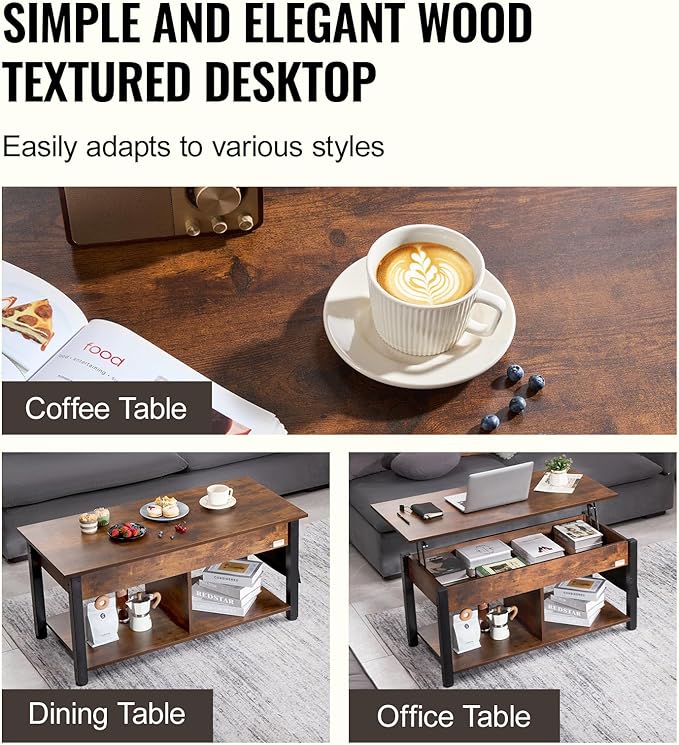 VEVOR Lift Top Coffee Table, 41.7 in Rectangle Coffee Table with Extra Storage Pockets, Pop Up Coffee Table for Living Room, Brown
