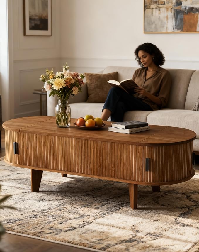 Oval Coffee Table with Storage, 47.2" Fluted Lift Top Coffee Table with 180° Sliding Tambour Door, Mid Century Modern Center Table for Living Room, Office, Cafe, Walnut