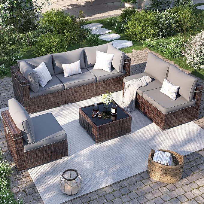 Patio Furniture Set, 7 Pieces Outdoor Sectional Sofa, PE Wicker Backyard Conversation Set with Waterproof Cover & Coffee Table, Modular Outdoor Couch for Garden, Poolside (Brown/Grey Cushions)