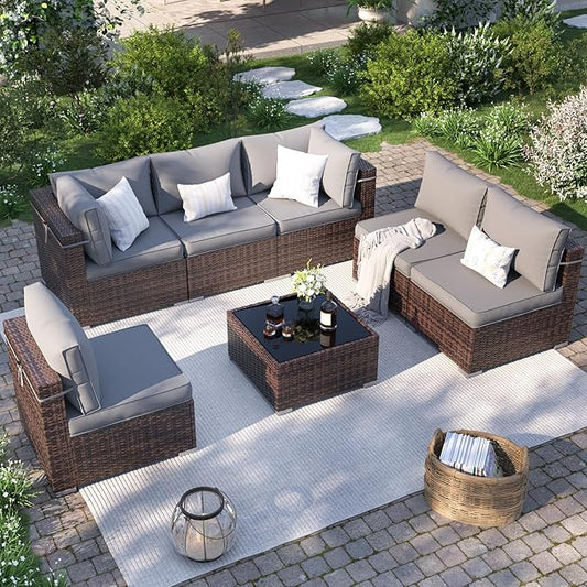 Patio Furniture Set, 7 Pieces Outdoor Sectional Sofa, PE Wicker Backyard Conversation Set with Waterproof Cover & Coffee Table, Modular Outdoor Couch for Garden, Poolside (Brown/Grey Cushions)