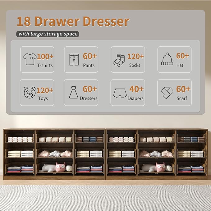 Dresser for Bedroom Set of 2, Long Dresser with 18 Drawers, Fluted Modern Bedroom Furniture Set, TV Stand Dressers & Chests of Drawers for Closet, Walnut (15.7" D x 125.8" W x 31.8" H)