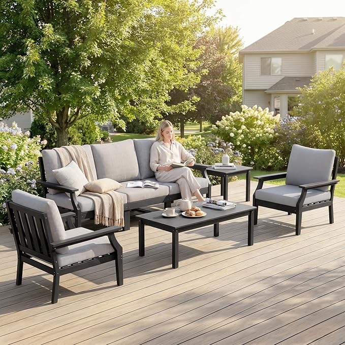 HDPE Patio Conversation Set, 7-Piece All Weather Outdoor Furniture Set with 2 Single Armchairs for Deck, Lawn, with Cushion, Black