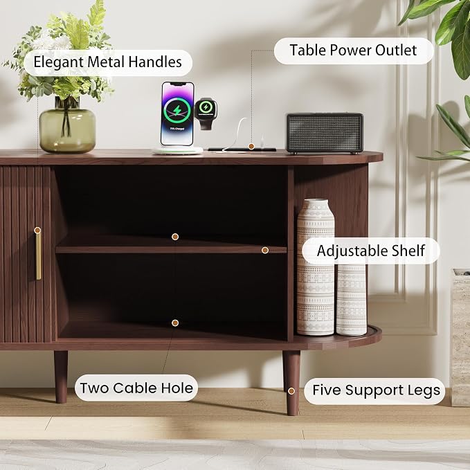 DHH 63 Inch Mid Century Modern TV Stand with Power Outlet for TVs up to 70 Inch, Entertainment Center with Storage and Adjustable Shelves, Media Console with Sliding Doors for Living Room(Walnut) - Image 4