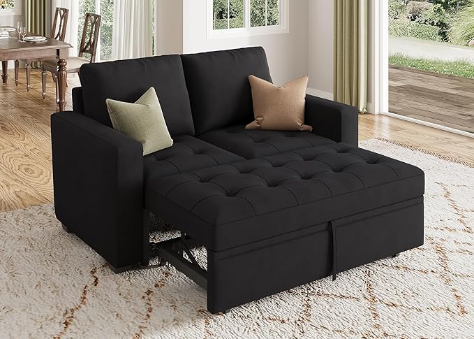 HONBAY Modular Sleeper Sofa with Pull Out Bed Sleeper Loveseat Convertible Sectional Couches for Living Room,Velvet Black