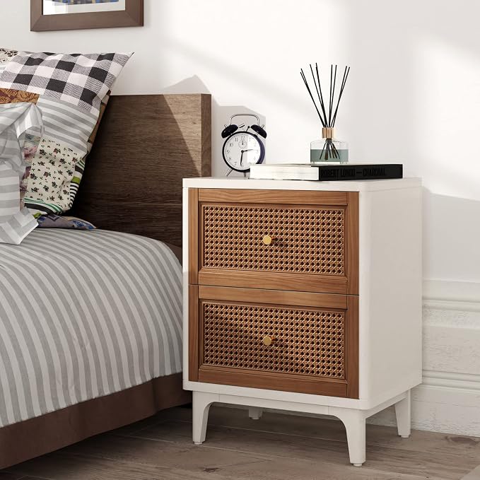 COZAYH Set of 2 Fully-Assembled 2-Drawer Woven Cane Front Accent Nightstand with Brass Knobs, Distressed White - Image 7