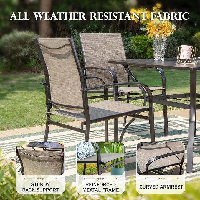 HERA'S HOUSE 7 PCS Patio Dining Set, All-Weather Outdoor Table Chairs Set, 6 x Patio Dining Chairs, Rectangular Metal Table with Umbrella Hole for Yard Garden Porch Deck (Brown) - Image 5
