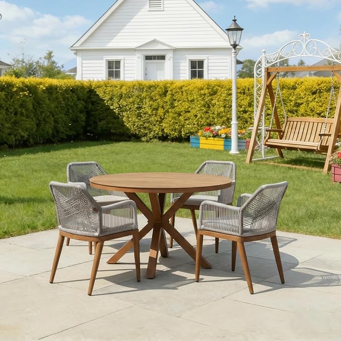 PURPLE LEAF 5 Pieces Patio Round Dining Set Aluminum Oversize Round Table and Rattan Arm Chairs with Cushions for Kitchen Porch Garden Modern Outdoor Furniture Sets by PURPLELEAF
