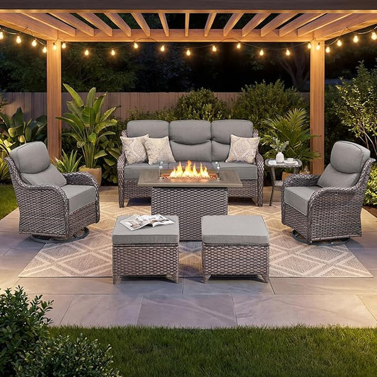 Luxury Patio Furniture Set with 6-inch Thick Cushion, Outdoor Furniture with Fire Pit Table, Swivel Chairs, Sofa, Side Table, Ottomans, 7pcs Wicker Conversation Set for Deck Yard and Poolside(Grey)