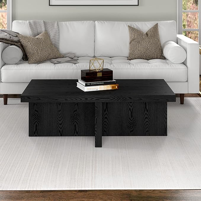 Henn&Hart 44" Rectangular Wood Pedestal Low-Profile Coffee Table for Living Room, Family Room, or Office, Natural Black