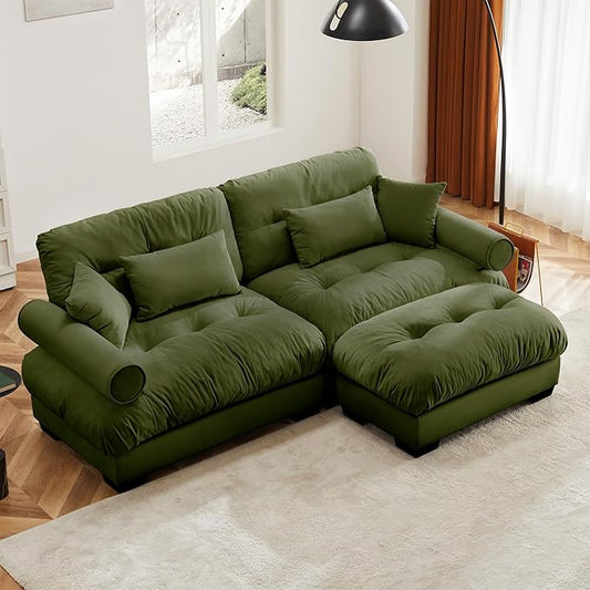 KEIKI 94" L-Shaped Oversized Velvet Modular Sectional Loveseat Sofa with 1 Ottoman, High-Density Foam Cushion, Bolstered Armrest, Upholstered 2-Seater Cloud Couch with 4 Pillow, for Living Room, Green