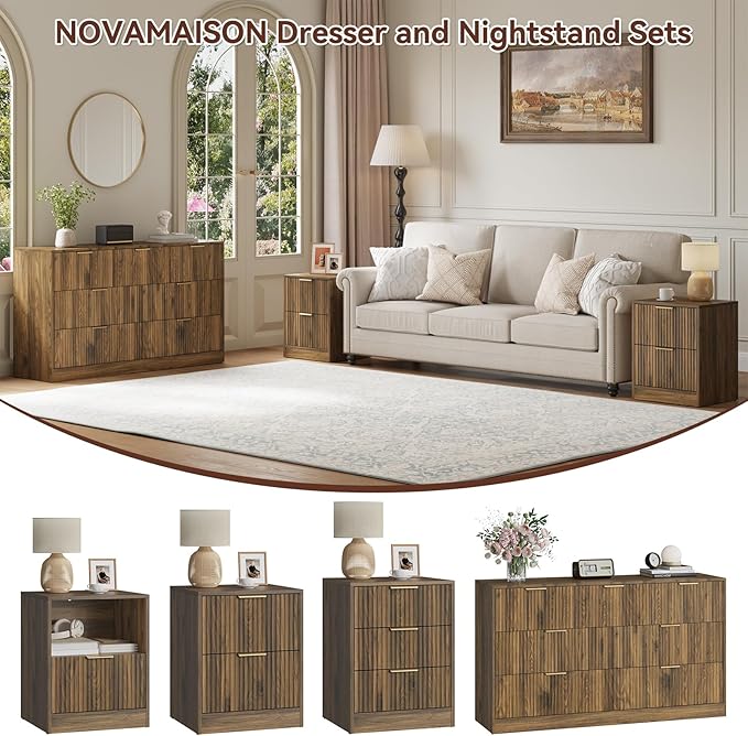 7 Drawer Dresser & Nightstand Set 3-Piece, 55” Wide Bedroom Dresser and Night Stand Set of 2 with Metal Handle, Fluted Modern Wood Chest of Drawers Storage Dressers Set for Bedroom, Walnut