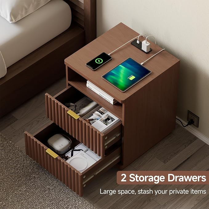 Nightstand with Charging Station, Night Stand with Open Shelf and 2 Drawers for Bedroom, Side Table Bedside Table with USB Ports & Outlets, Small Nightstand End Table (Walmut) - Image 6