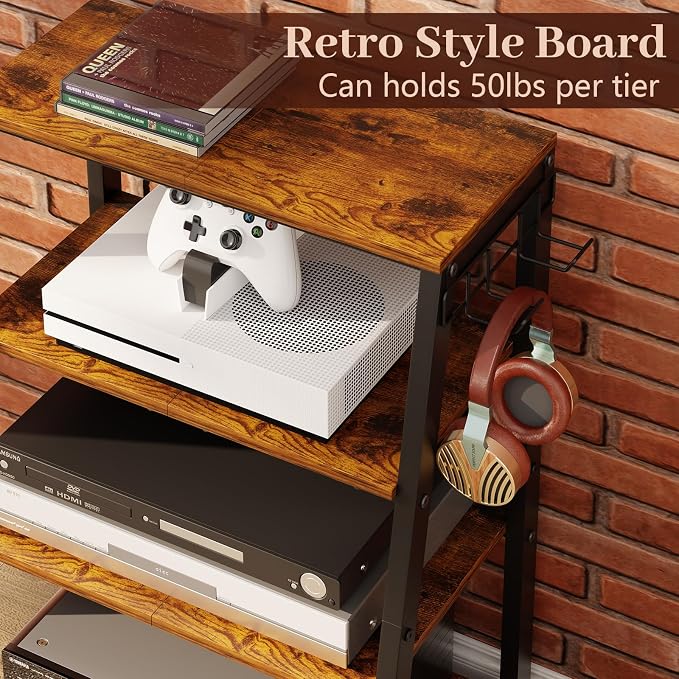 4-Tier AV Media Stand with 2 Hooks,Heavy Duty Stereo Cabinet Furniture-Large Stereo Rack and Game Console Stand,Wooden Record Player Stand,Audio Stand Perfect for DVD Players/Game Console/TV Box/Xbox - Image 6